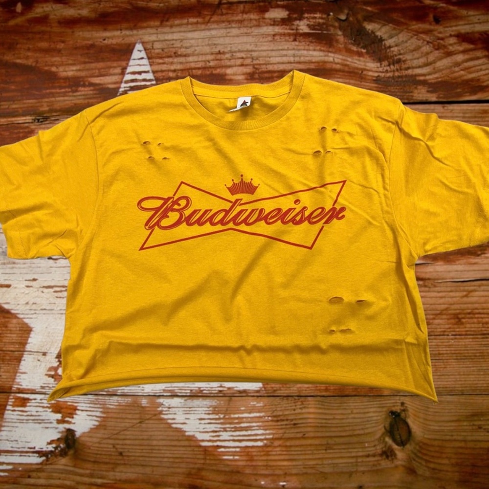 Distressed Yellow Budweiser Crop Tee